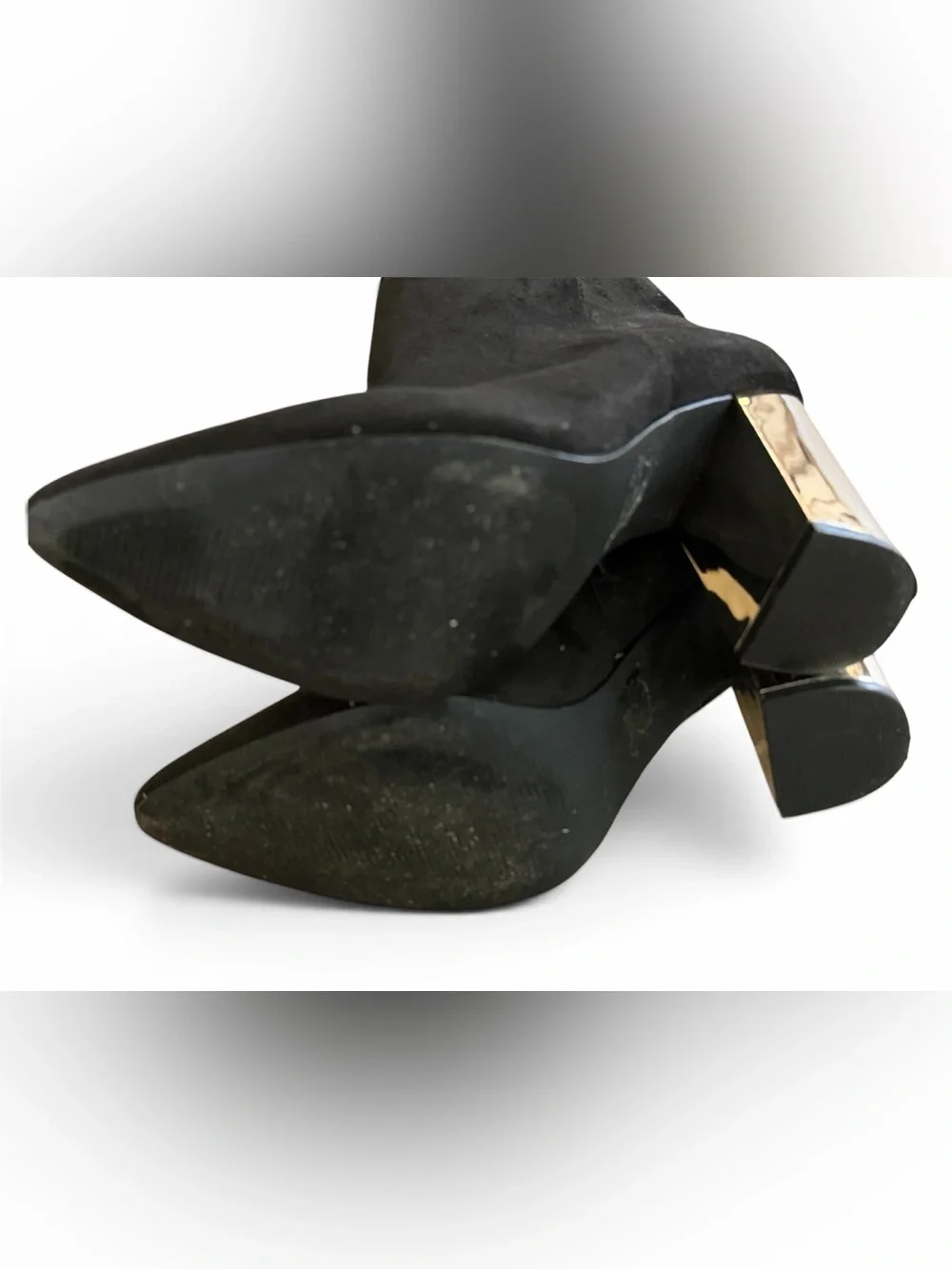 Boutique Ankle Booties Gold Mirror Block Heel Faux Suede Women’s Size 9